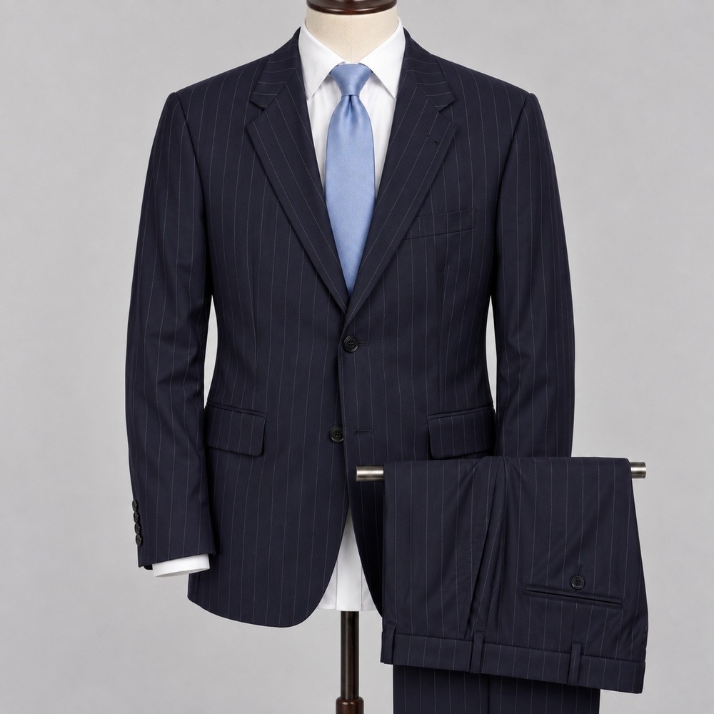 Burberry 2-Piece Suit Mens 52L 40x30.5 Wool Navy Blue Pinstripe 2 Button Pleated